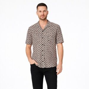 Denim & Flower Men’s cream black geometric floral abstract print button shirt M